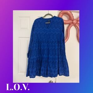 Women's Blue Tiered Long Sleeve Dress